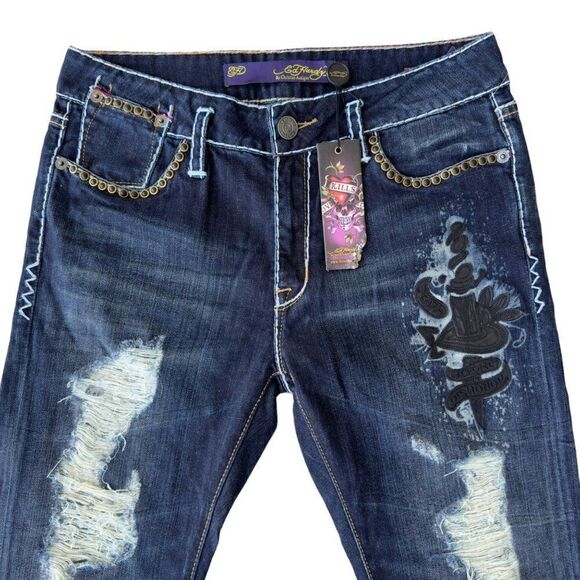 Ed Hardy Boyfriend Y2K Distressed Dagger Jeans Dark Wash Women's 29 - Picture 7 of 15